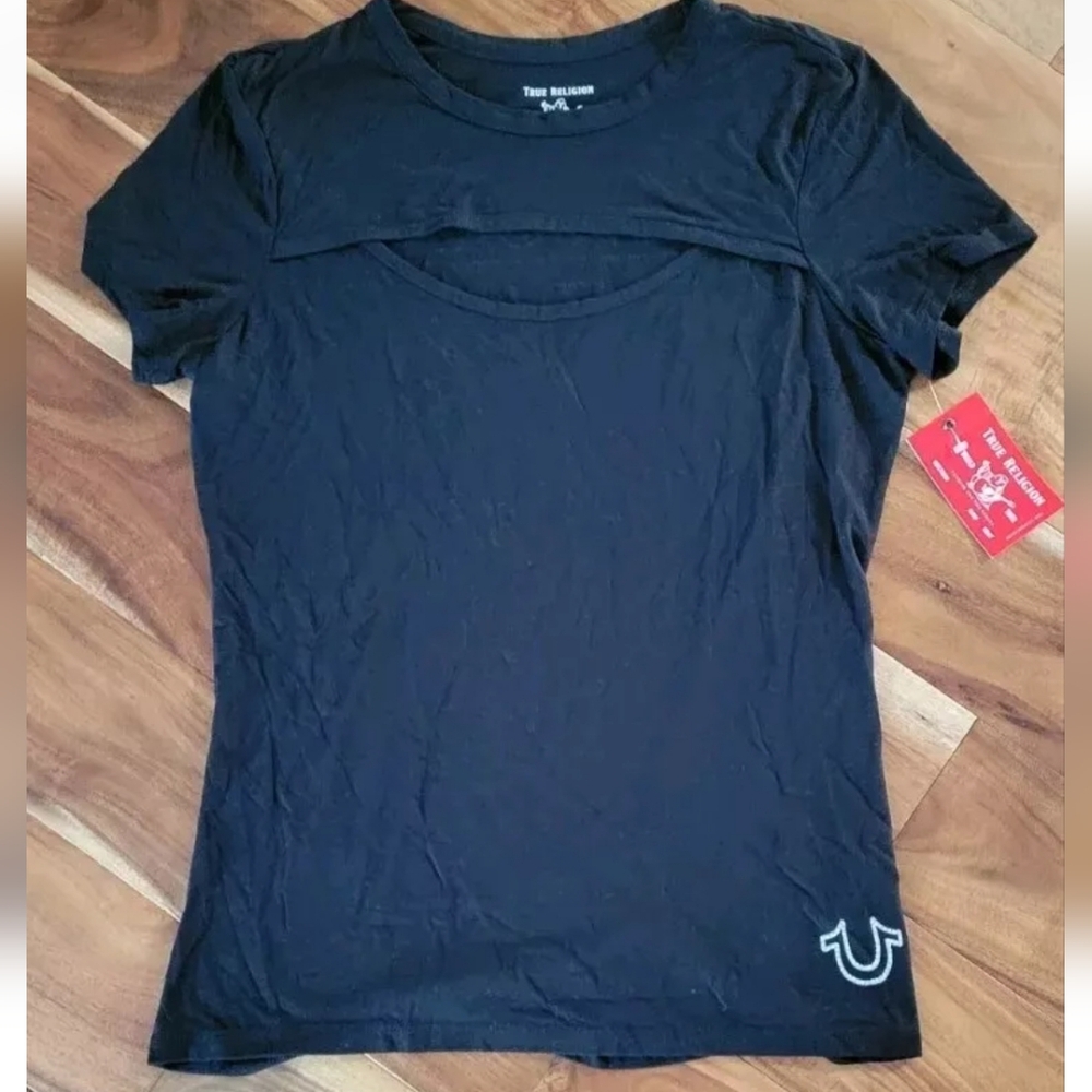 True Religion Black Cut Out Tee Shirt Black Large NwT Diamond